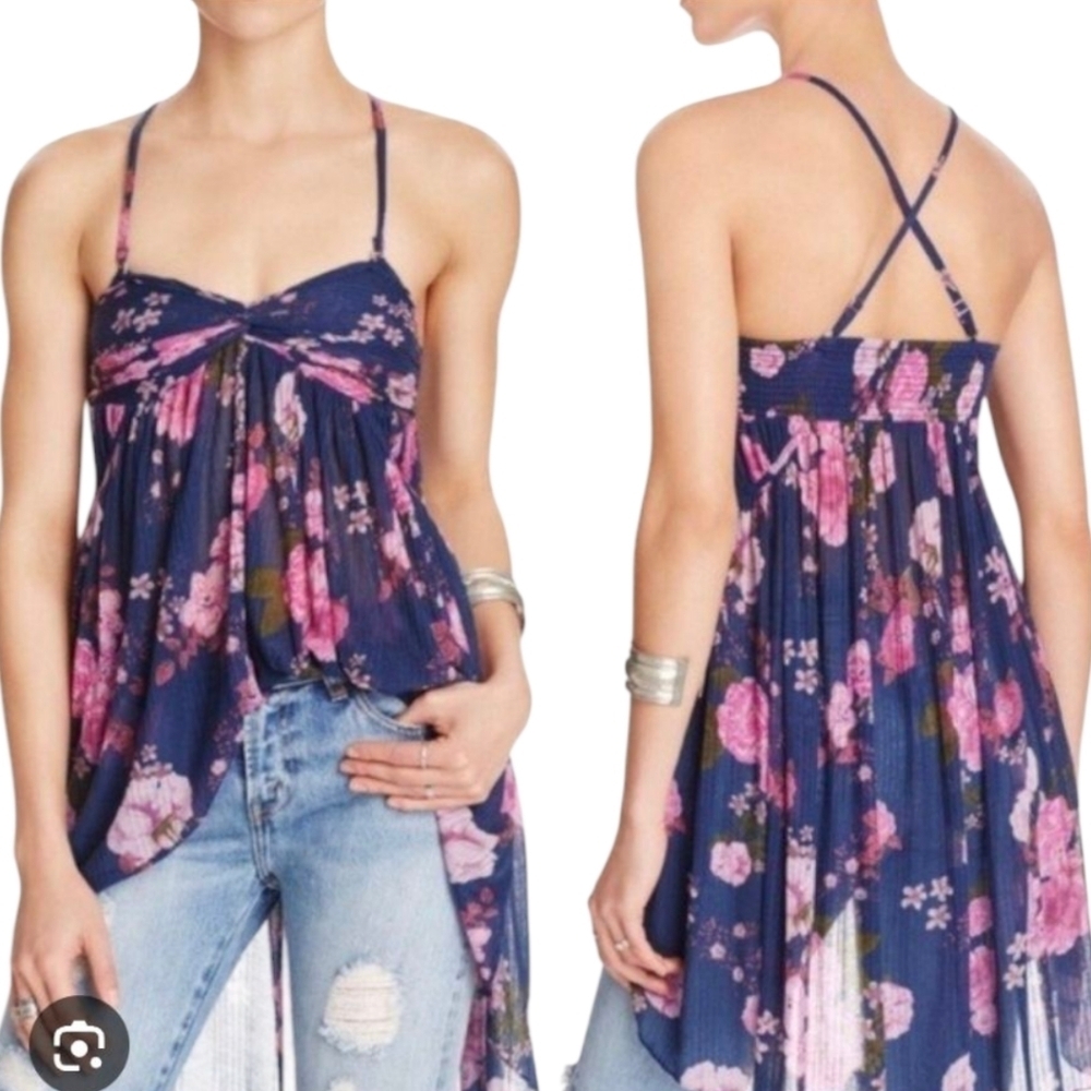 Free People Tunic Sz XS MIRAGE Babydoll Top Floral Hi Lo Smocked Boho Fairy
